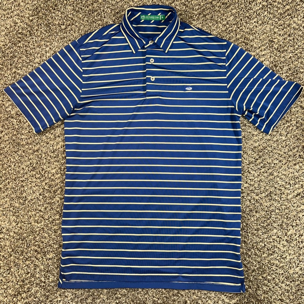 Southern Tide Club Mens Small Blue White Striped Performance Polo Tennis Tail